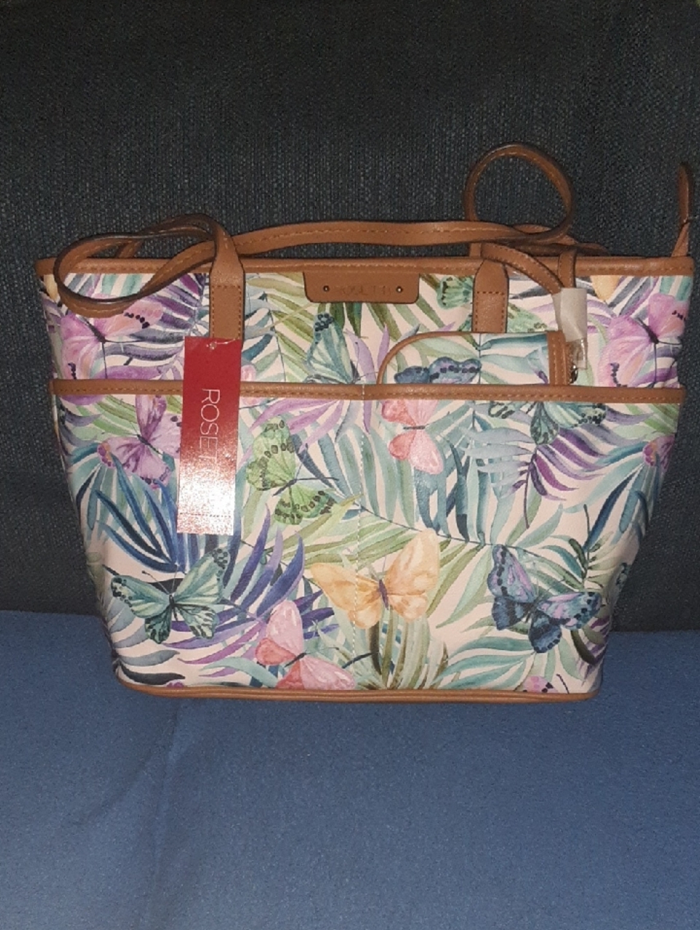 Rosetti Pastel Butterfly Tote with Tan Trim